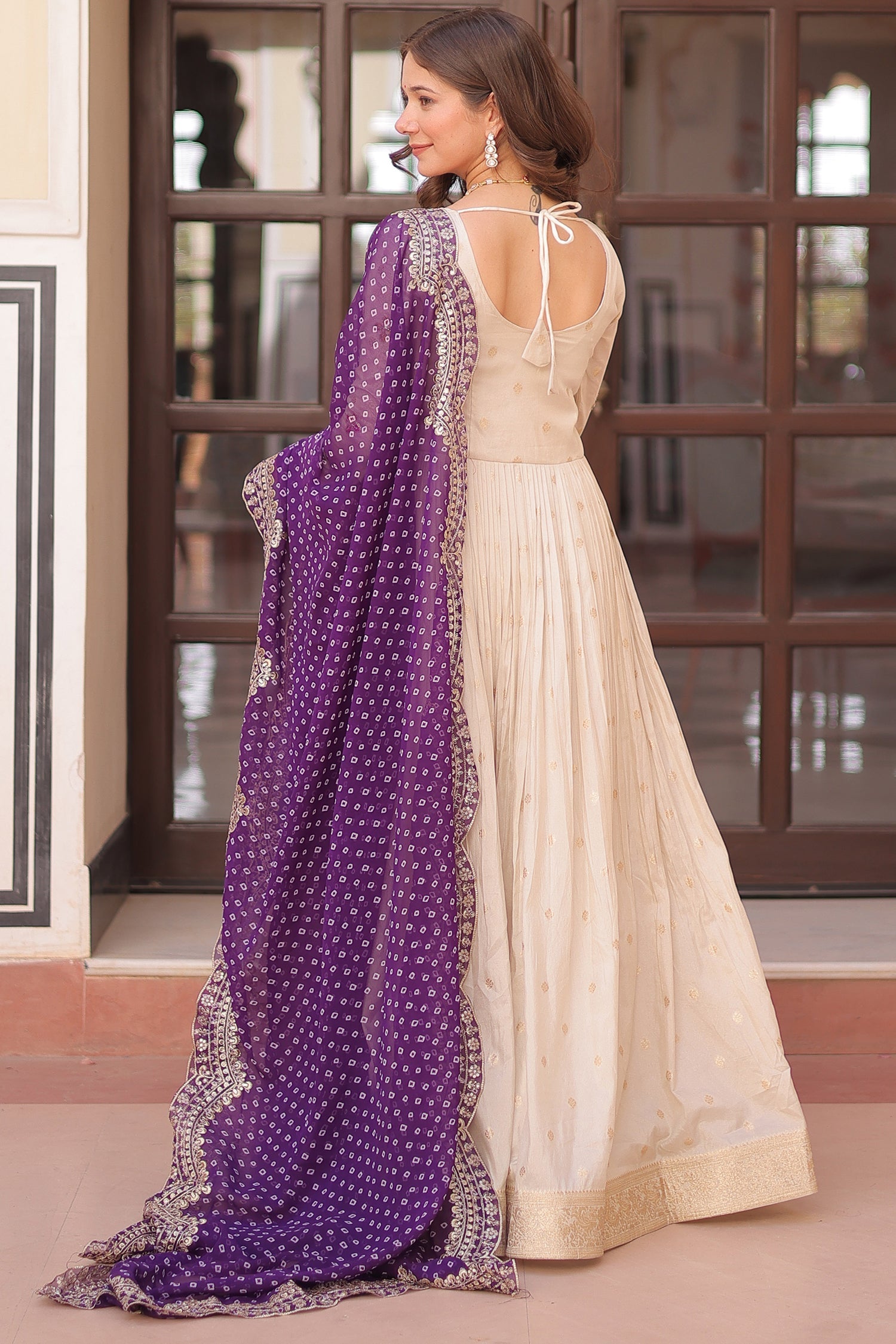 Cream Jacquard Silk Beaded Sequin Anarkali Kurti with Bandhej Dupatta