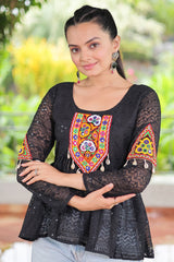 Black Georgette Embroidered Short Kurti with Kachchi Work
