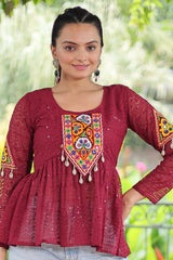 Maroon Georgette Embroidered Short Kurti with Kachchi Work