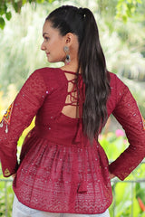 Maroon Georgette Embroidered Short Kurti with Kachchi Work