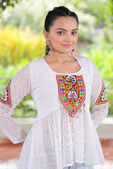 Off White Georgette Embroidered Short Kurti with Kachchi Work