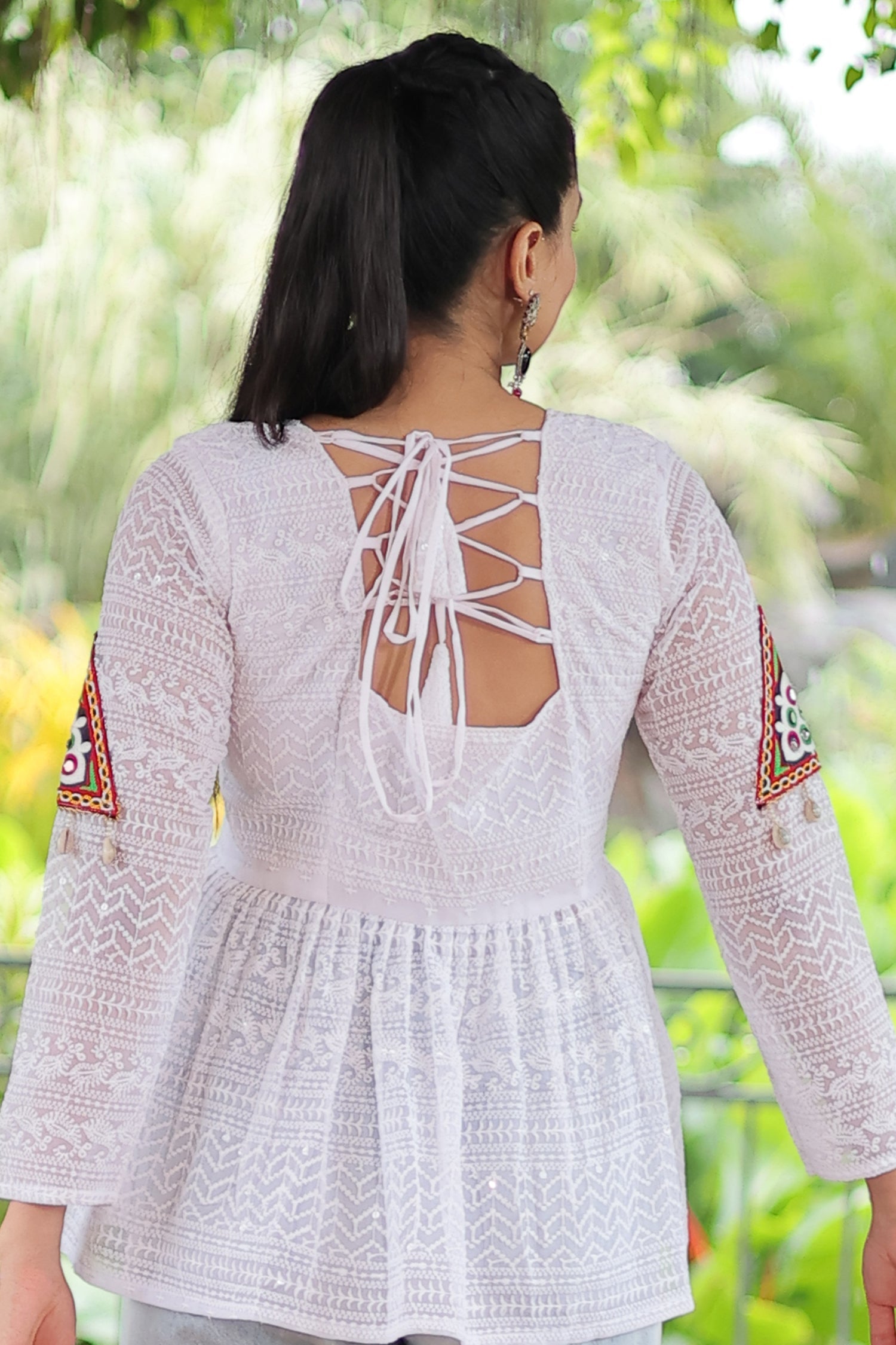 Off White Georgette Embroidered Short Kurti with Kachchi Work