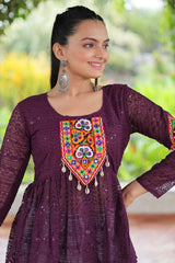 Purple Georgette Embroidered Short Kurti with Kachchi Work