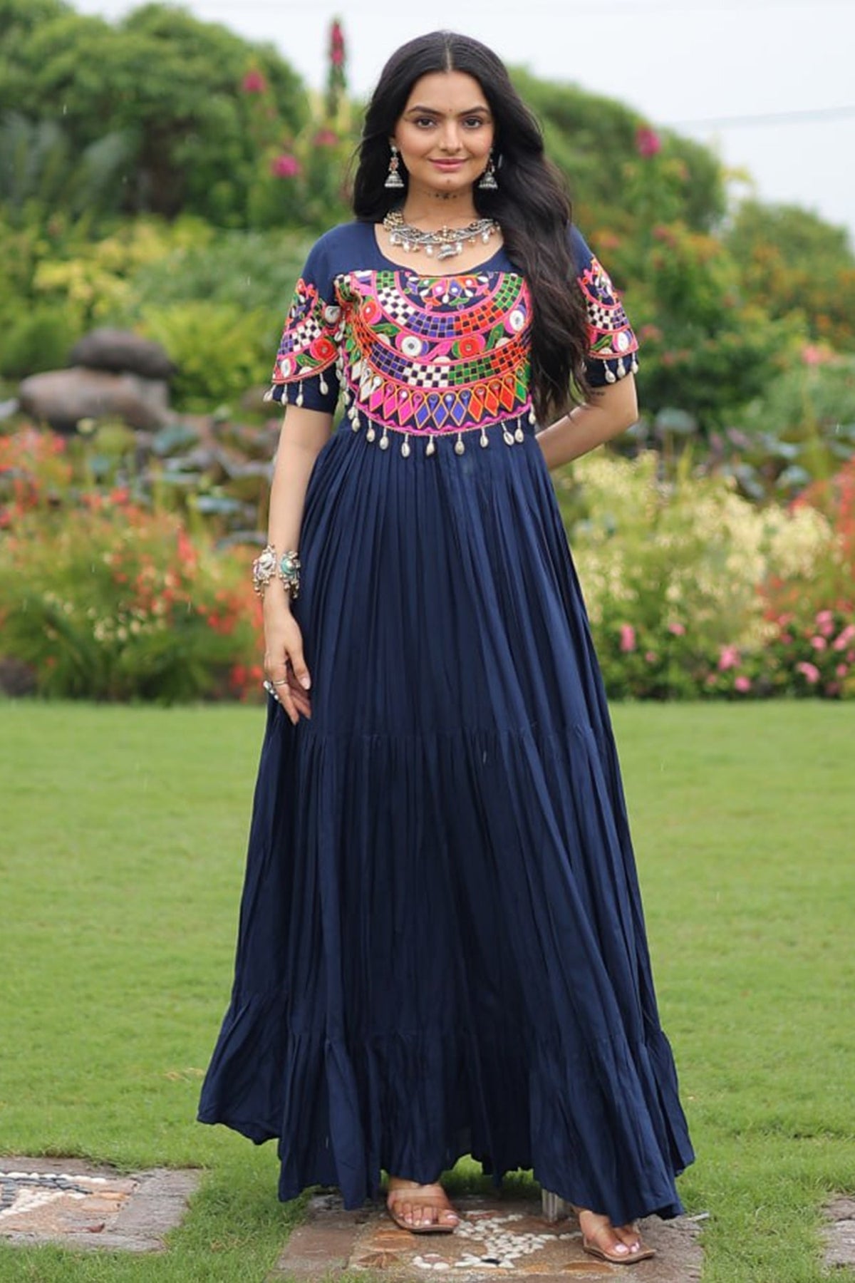 Blue Rayon Kachchi Worked Anarkali Kurti