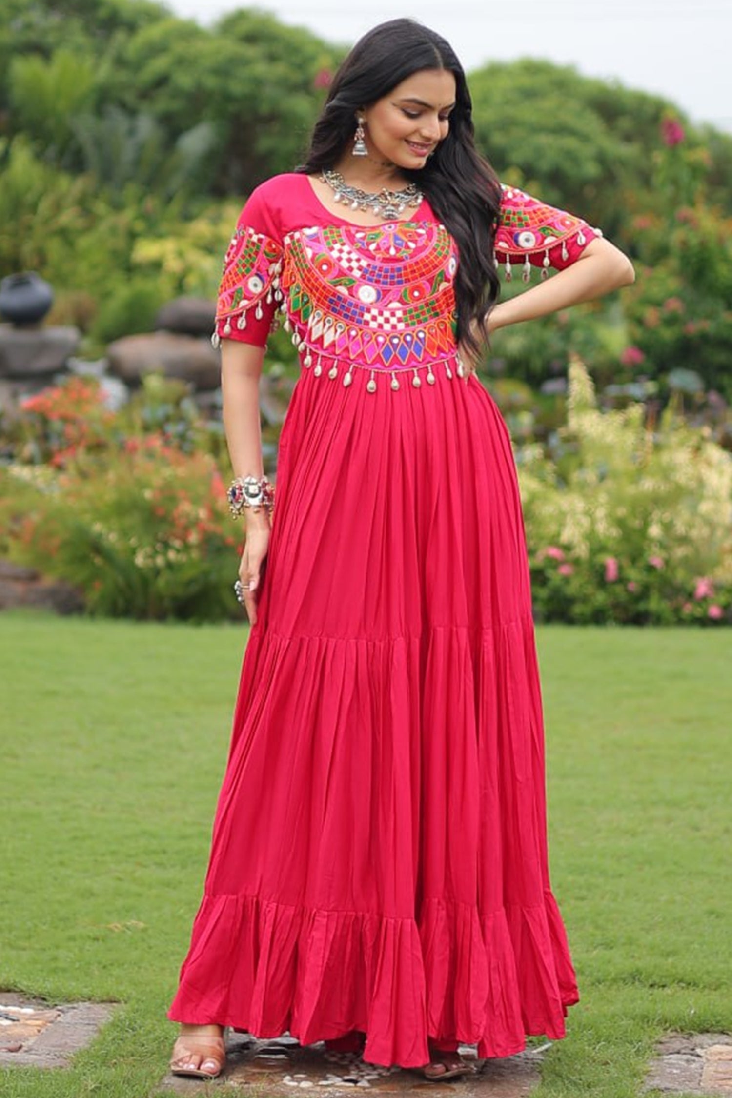 Pink Rayon Kachchi Worked Anarkali Kurti