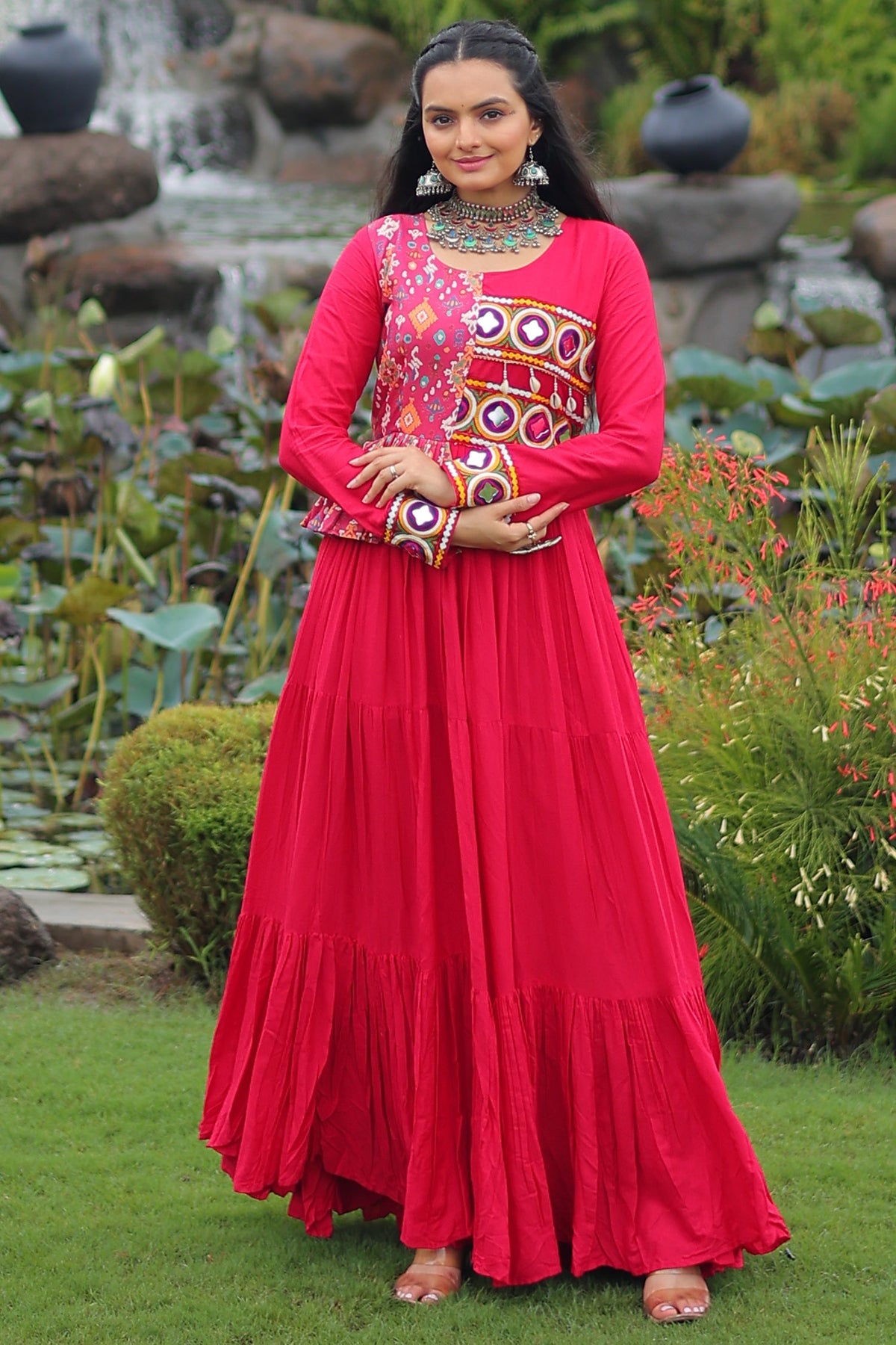 Pink Rayon Kachchi Worked Anarkali Kurti