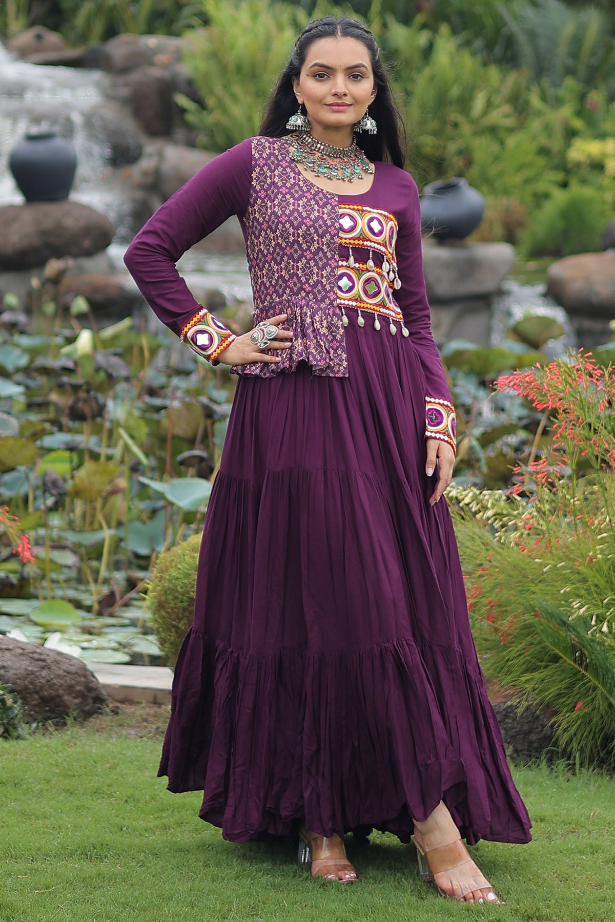 Purple Rayon Kachchi Worked Anarkali Kurti