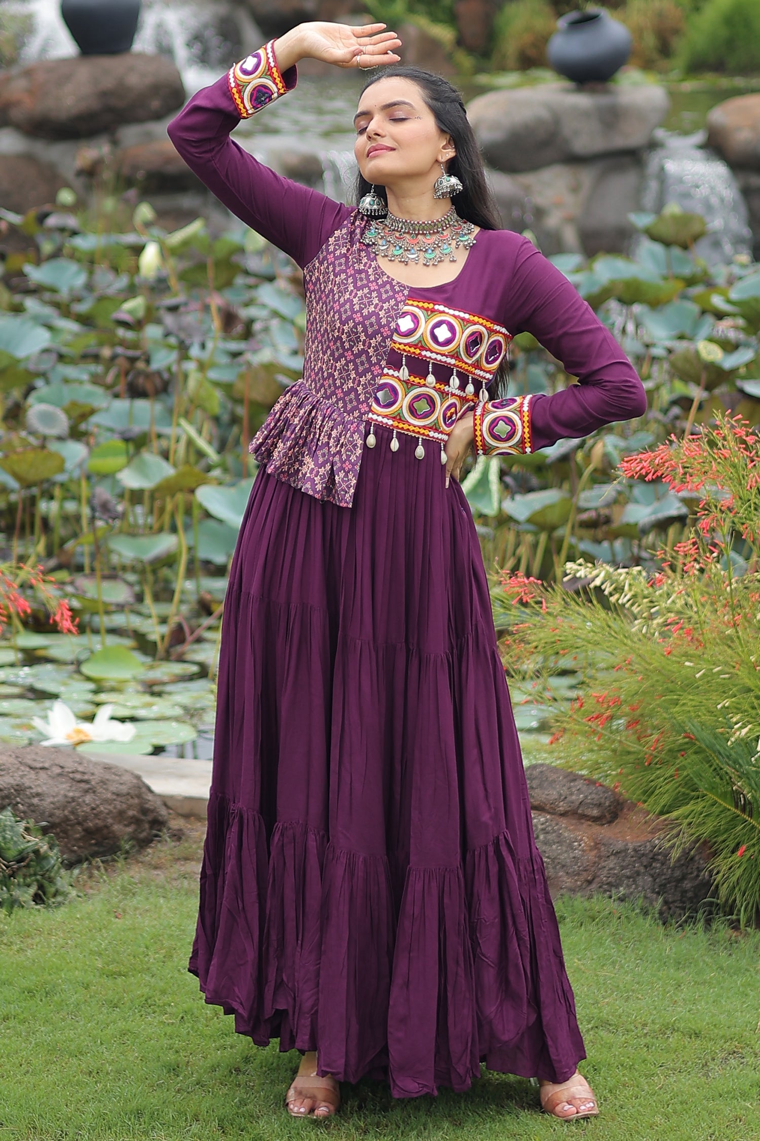 Purple Rayon Kachchi Worked Anarkali Kurti