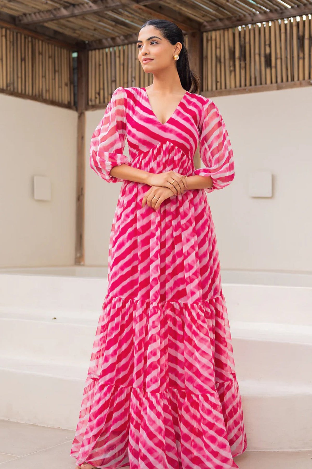 Pink Georgette Leheriya Printed Flared Maxi Dress