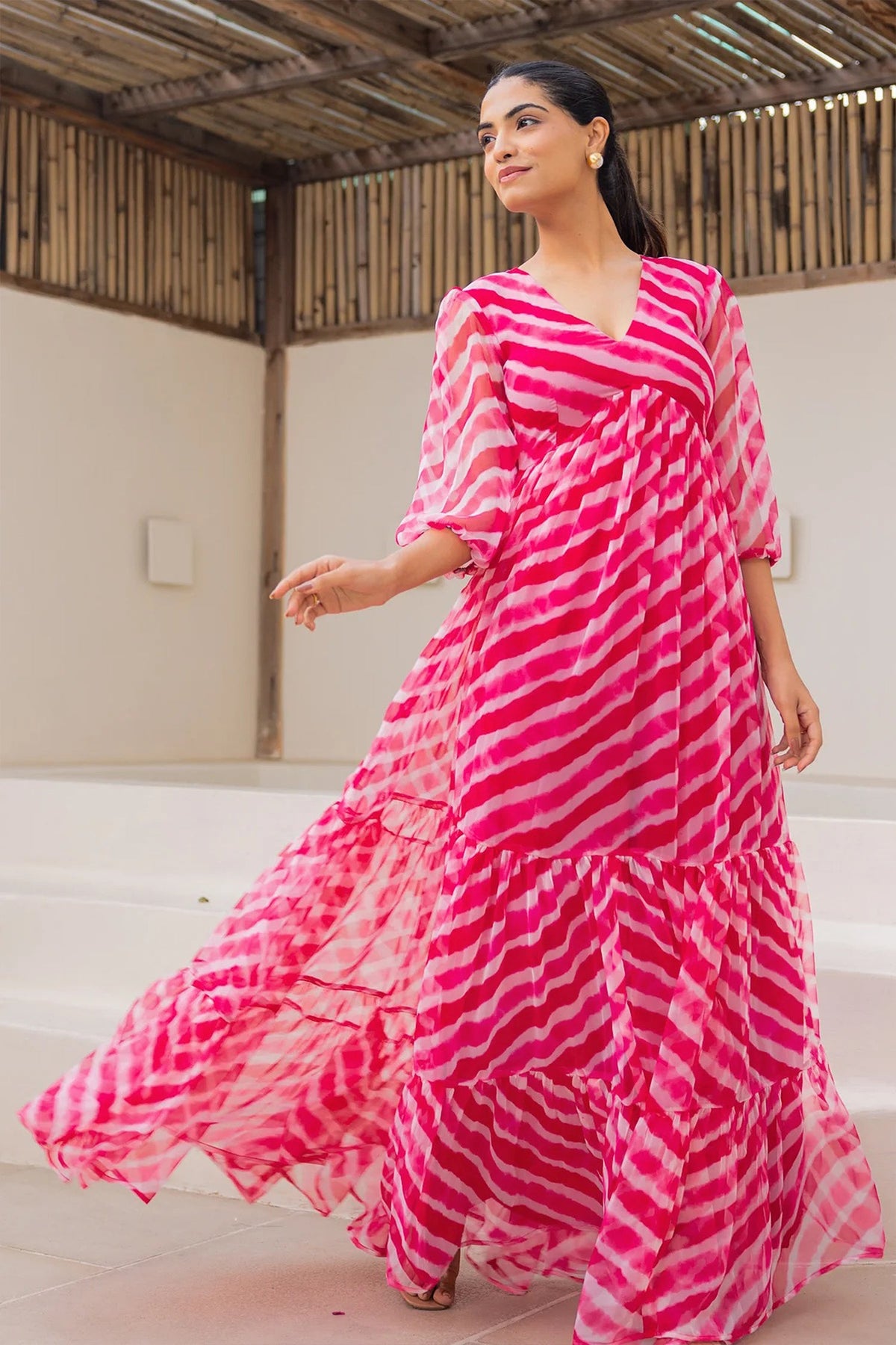 Pink Georgette Leheriya Printed Flared Maxi Dress - red georgette saree