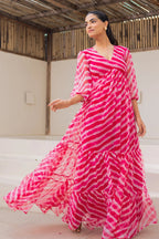 Pink Georgette Leheriya Printed Flared Maxi Dress - red georgette saree
