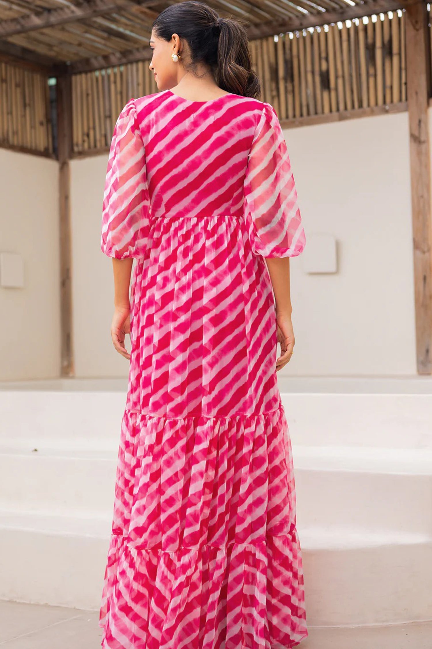 Pink Georgette Leheriya Printed Flared Maxi Dress