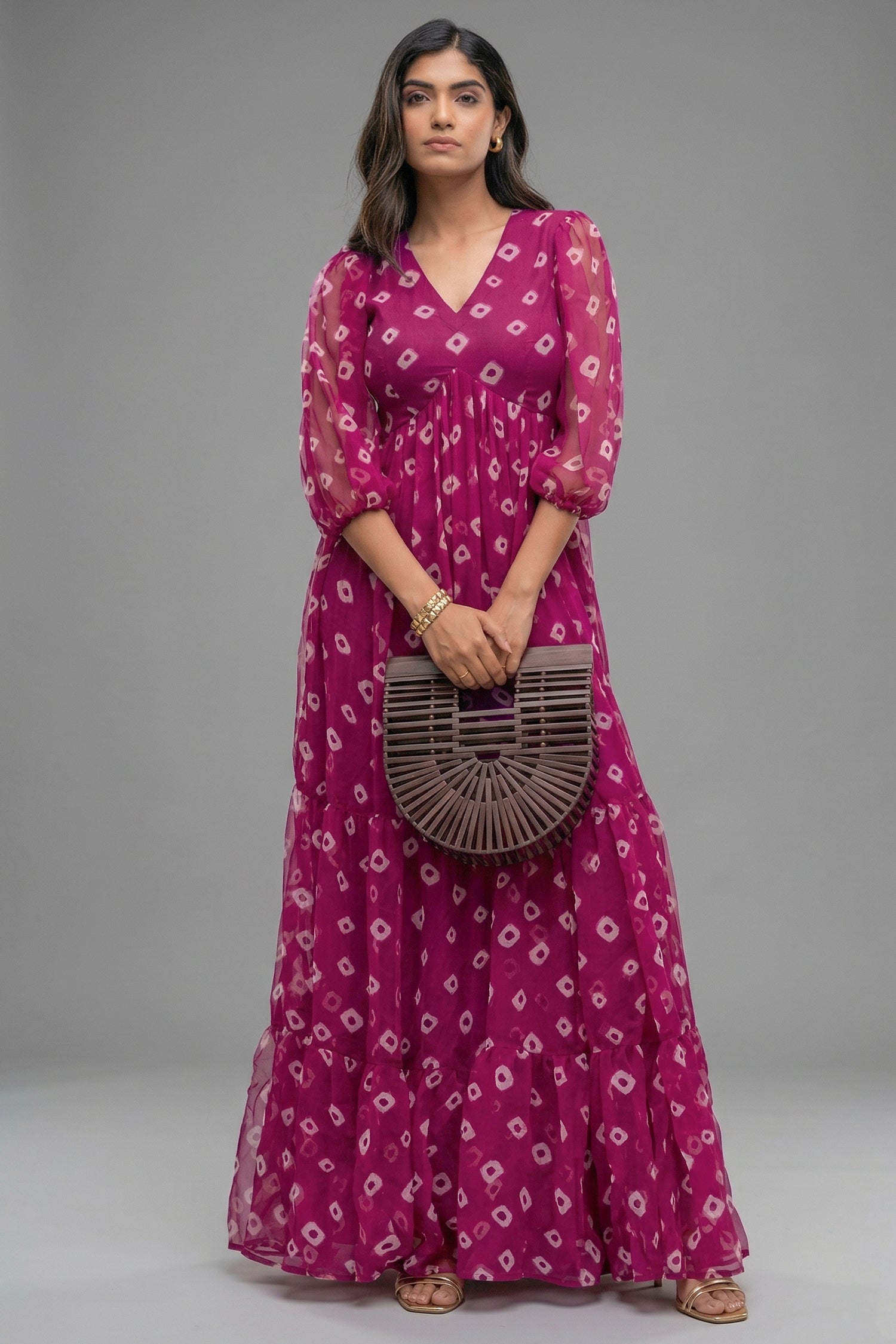 Pink Georgette V Neck Flared Maxi Dress - red georgette saree