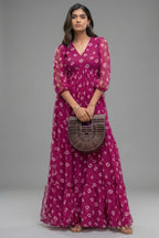 Pink Georgette V Neck Flared Maxi Dress - red georgette saree