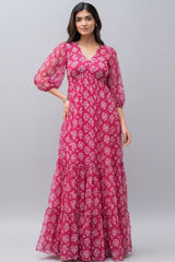 Pink Georgette V Neck Flared Maxi Dress