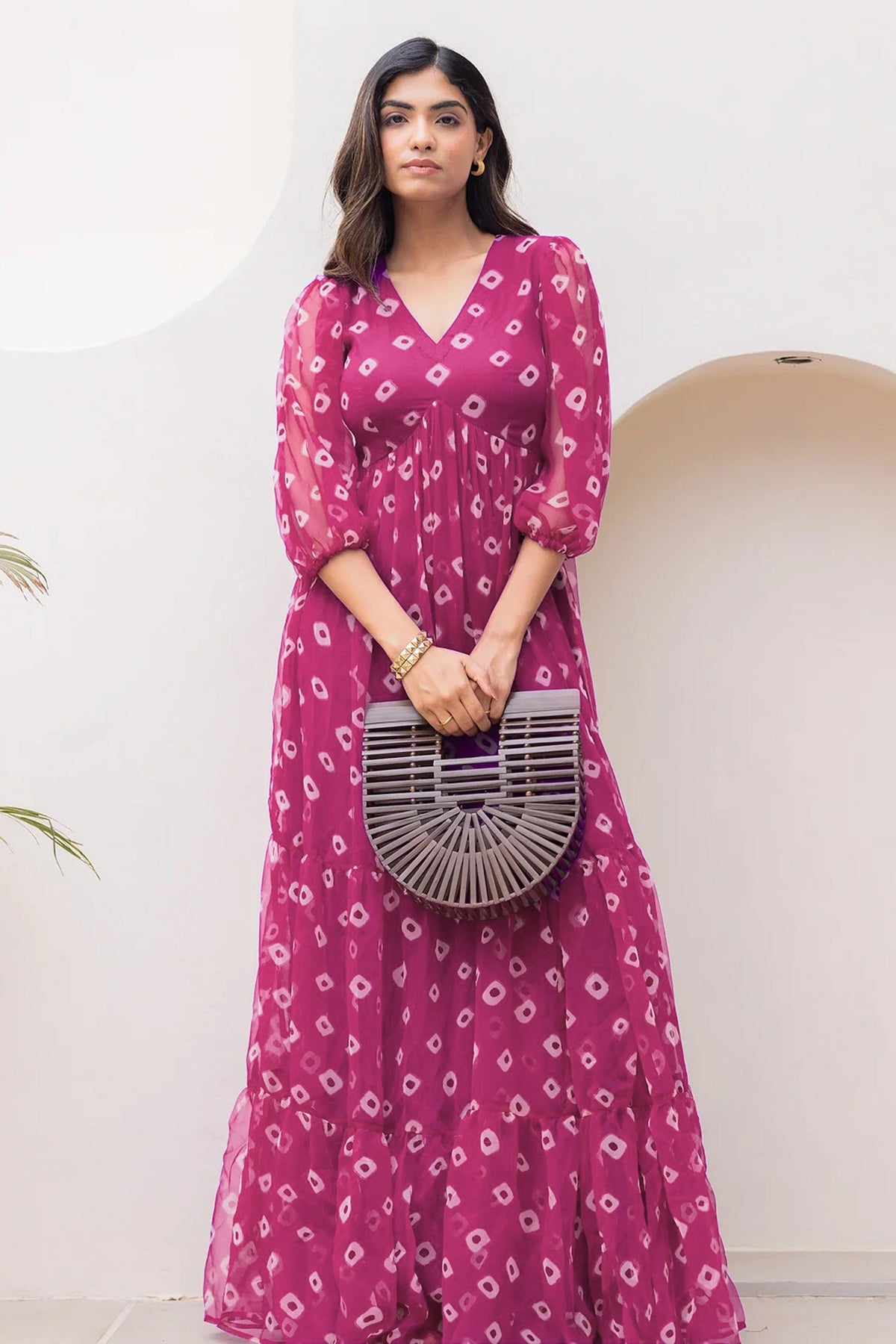 Pink Georgette V Neck Flared Maxi Dress - red georgette saree