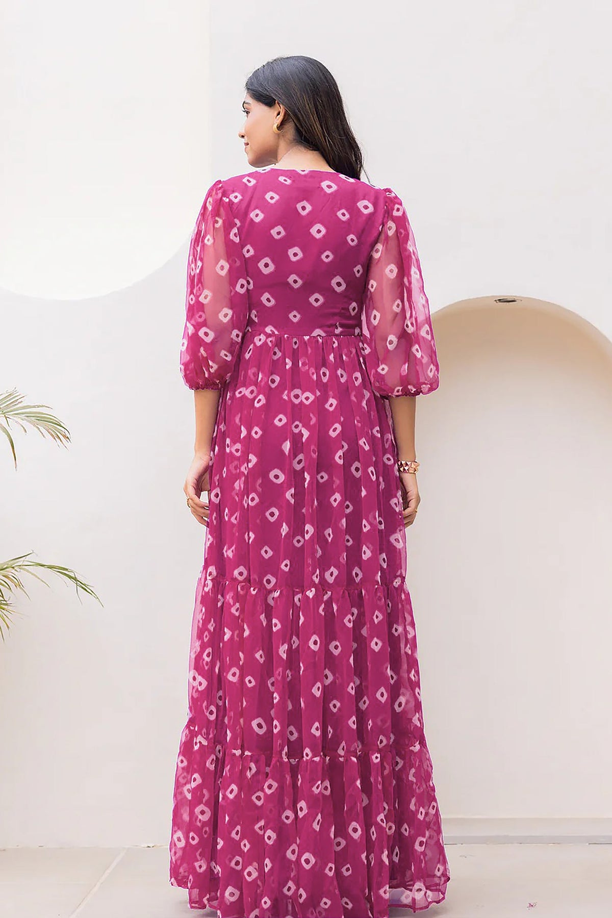 Pink Georgette V Neck Flared Maxi Dress - red georgette saree