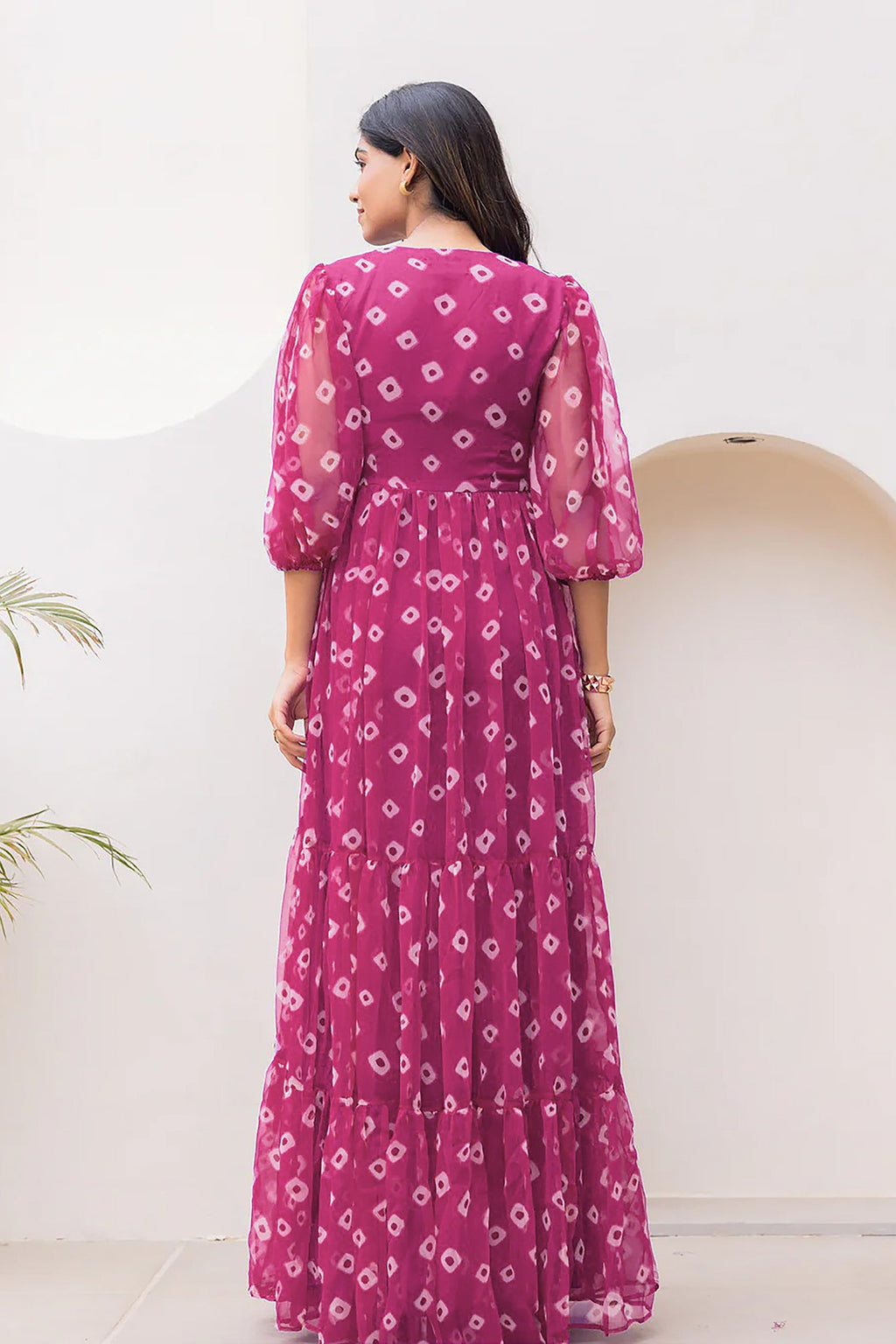 Pink Georgette V Neck Flared Maxi Dress - red georgette saree