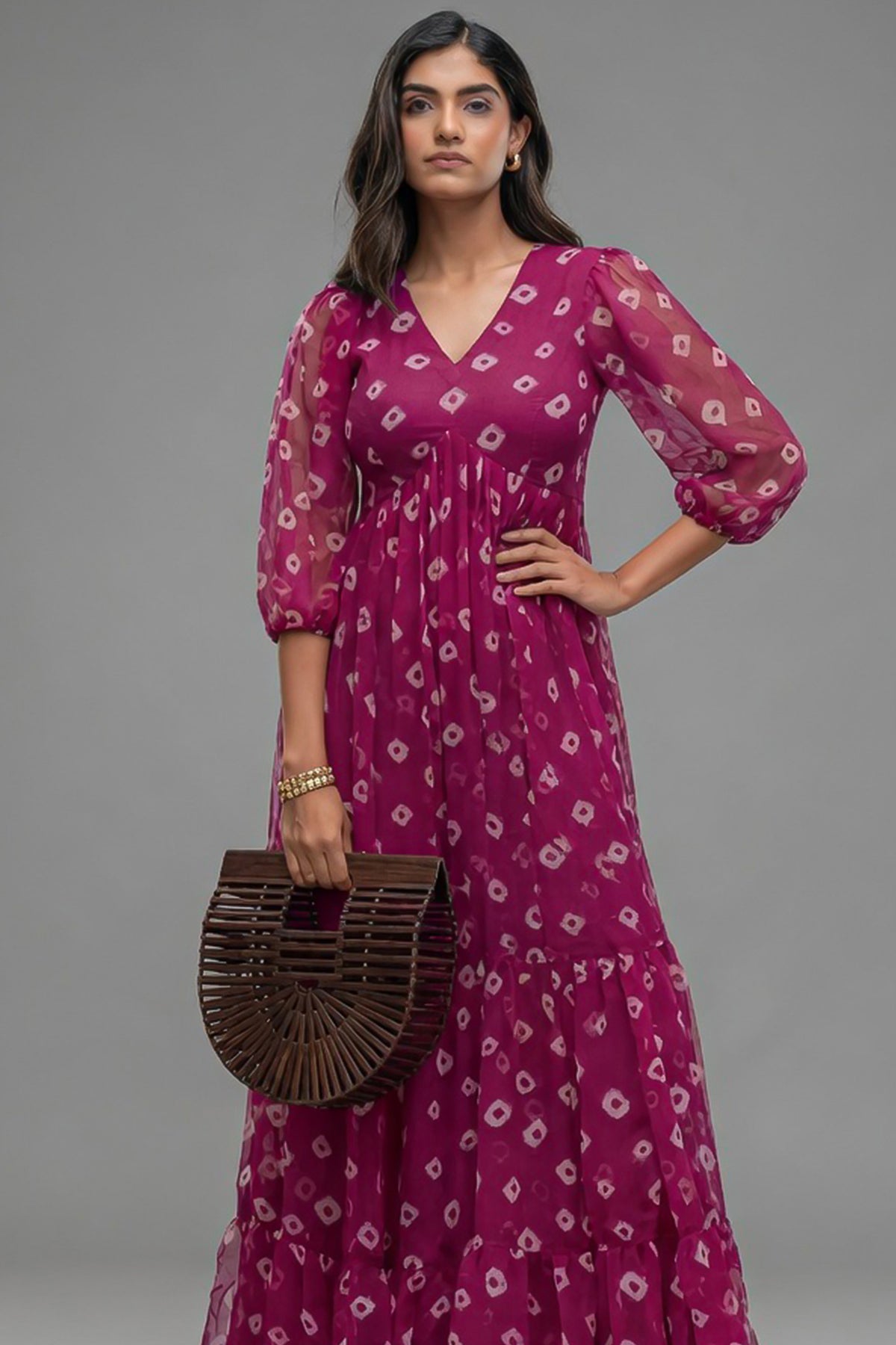 Pink Georgette V Neck Flared Maxi Dress - red georgette saree
