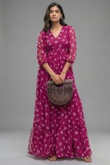 Pink Georgette V Neck Flared Maxi Dress - red georgette saree