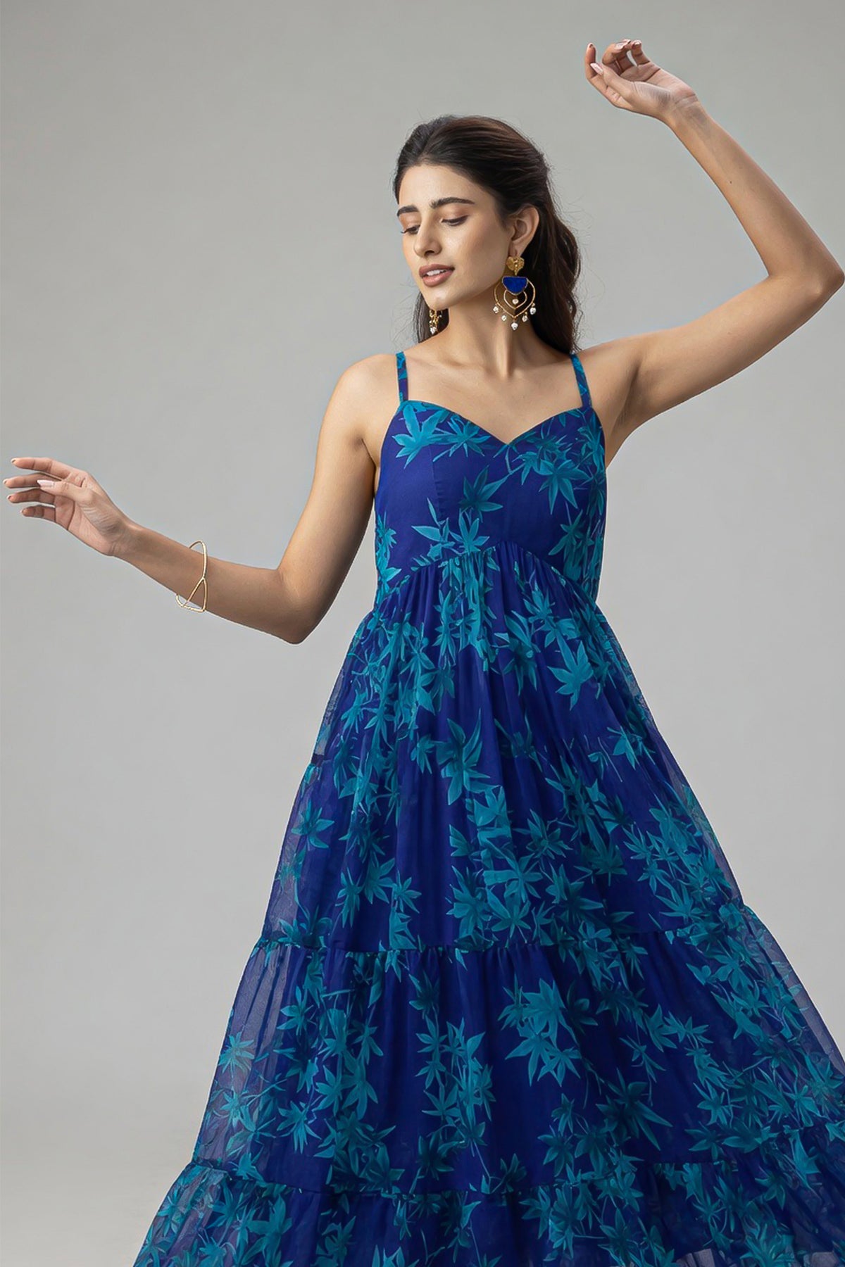 Blue Georgette Printed Spaghetti Strap Maxi Dress - blue georgette saree