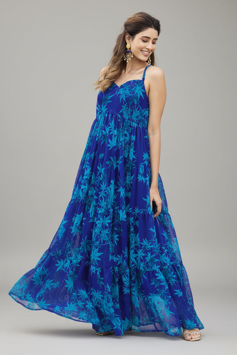 Blue Georgette Printed Spaghetti Strap Maxi Dress - blue georgette saree