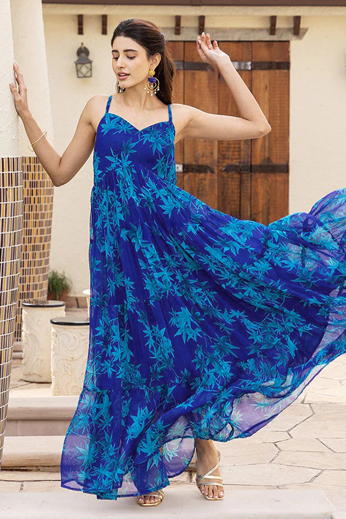 Blue Georgette Printed Spaghetti Strap Maxi Dress - blue georgette saree