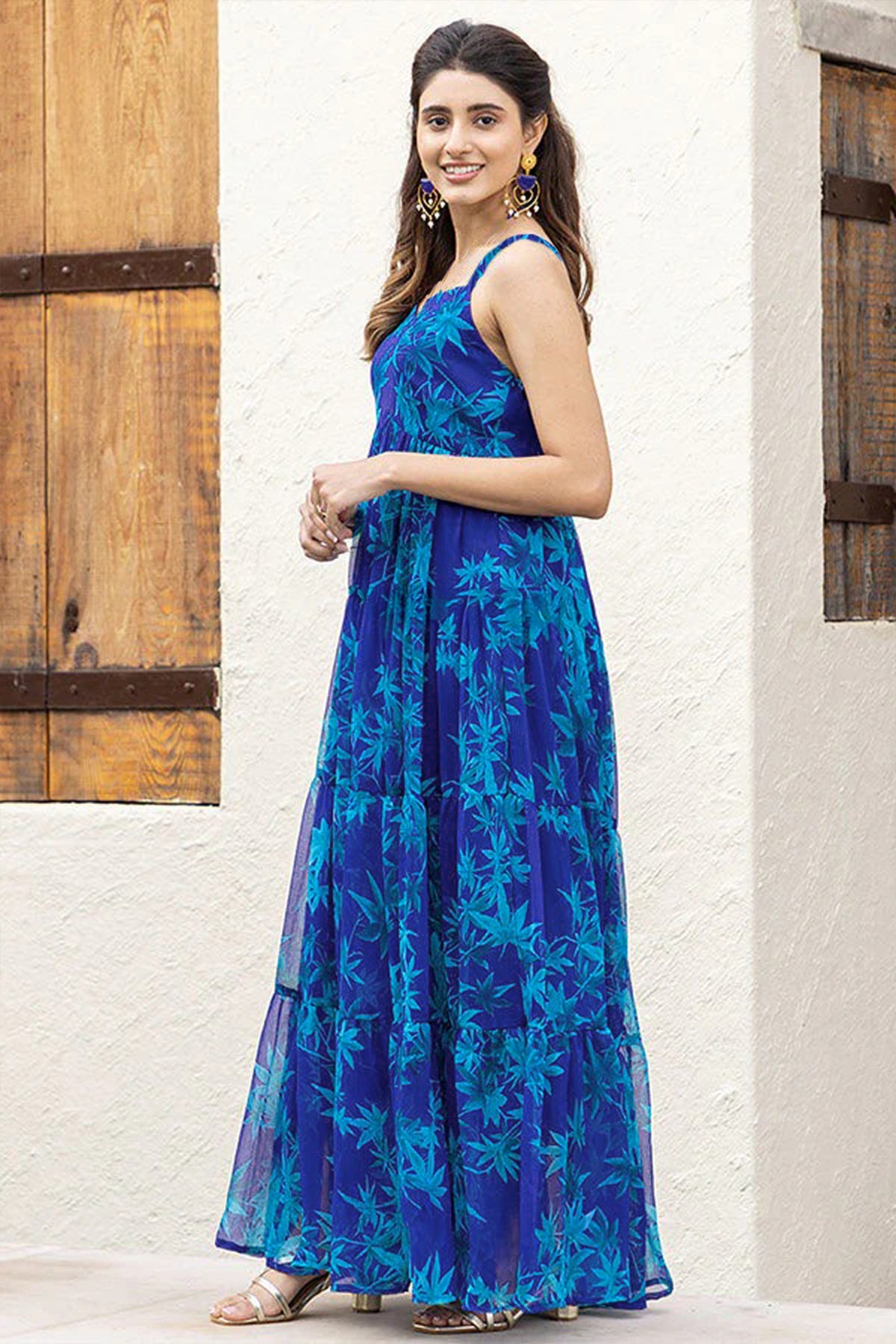 Blue Georgette Printed Spaghetti Strap Maxi Dress - blue georgette saree