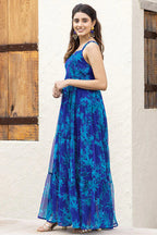 Blue Georgette Printed Spaghetti Strap Maxi Dress - blue georgette saree