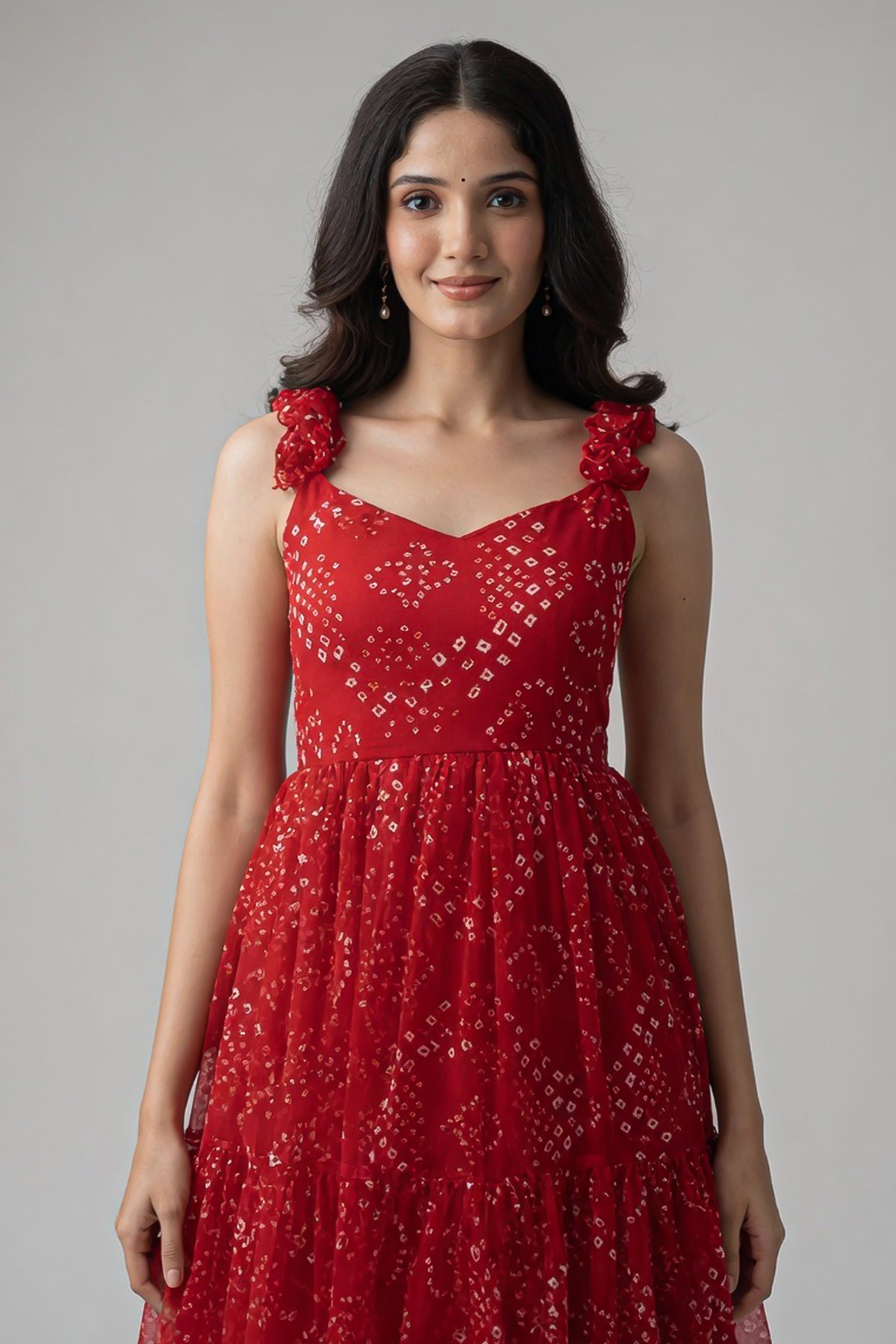 Red Georgette Flared Spaghetti Strap Maxi Dress - red georgette saree