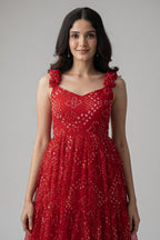 Red Georgette Flared Spaghetti Strap Maxi Dress - red georgette saree