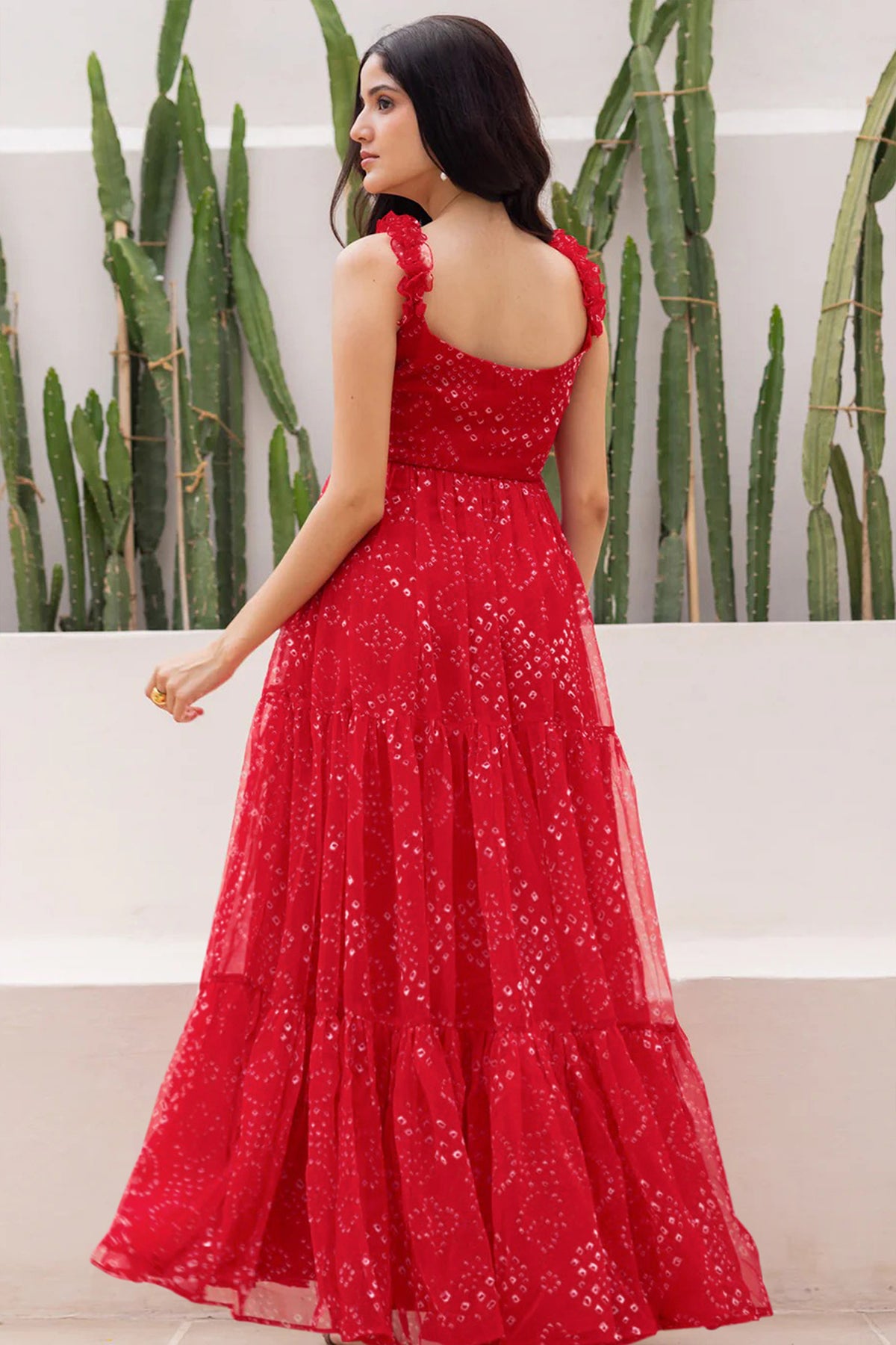 Red Georgette Flared Spaghetti Strap Maxi Dress - red georgette saree