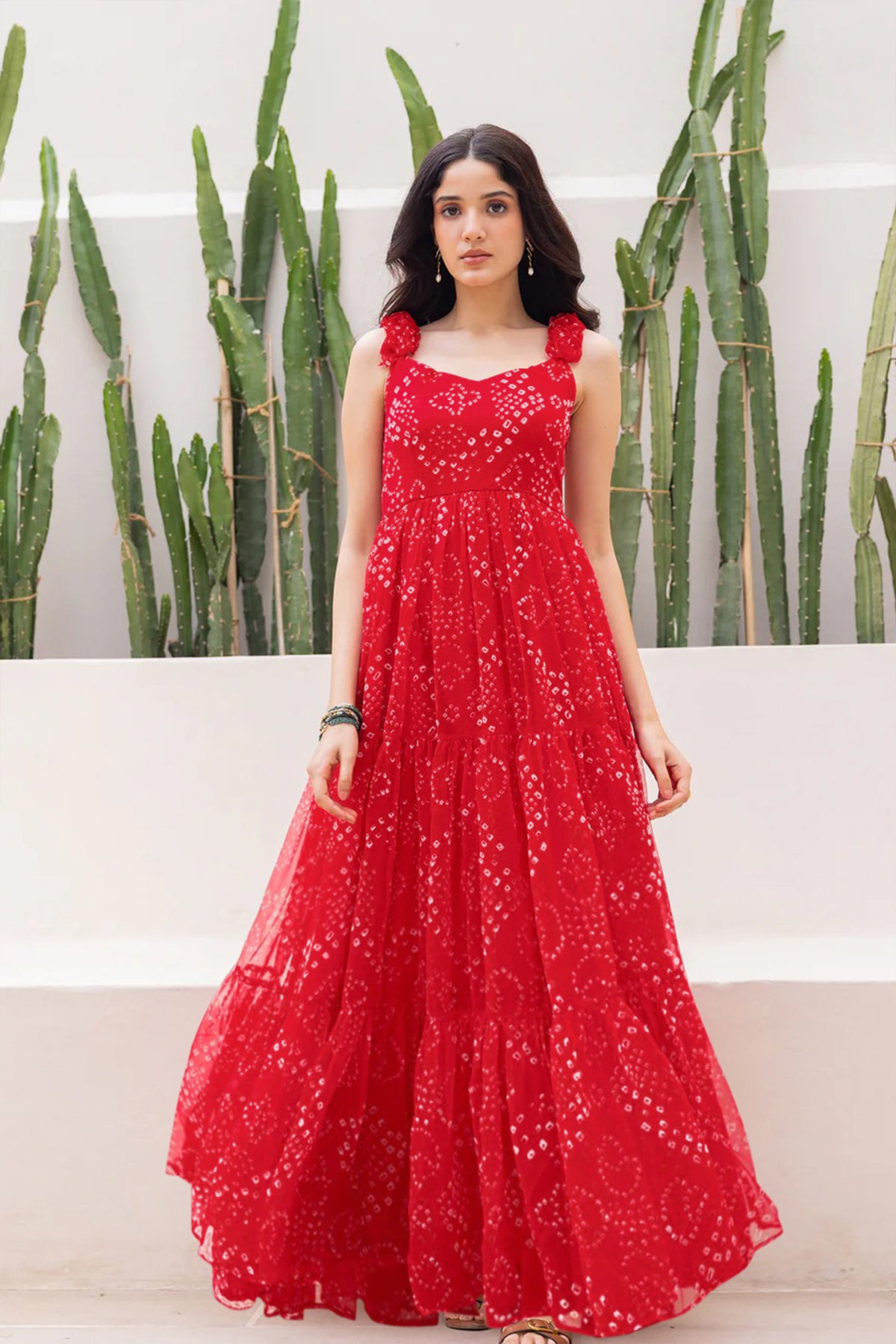 Red Georgette Flared Spaghetti Strap Maxi Dress - red georgette saree