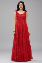 Red Georgette Flared Spaghetti Strap Maxi Dress - red georgette saree
