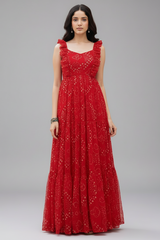 Red Georgette Flared Spaghetti Strap Maxi Dress
