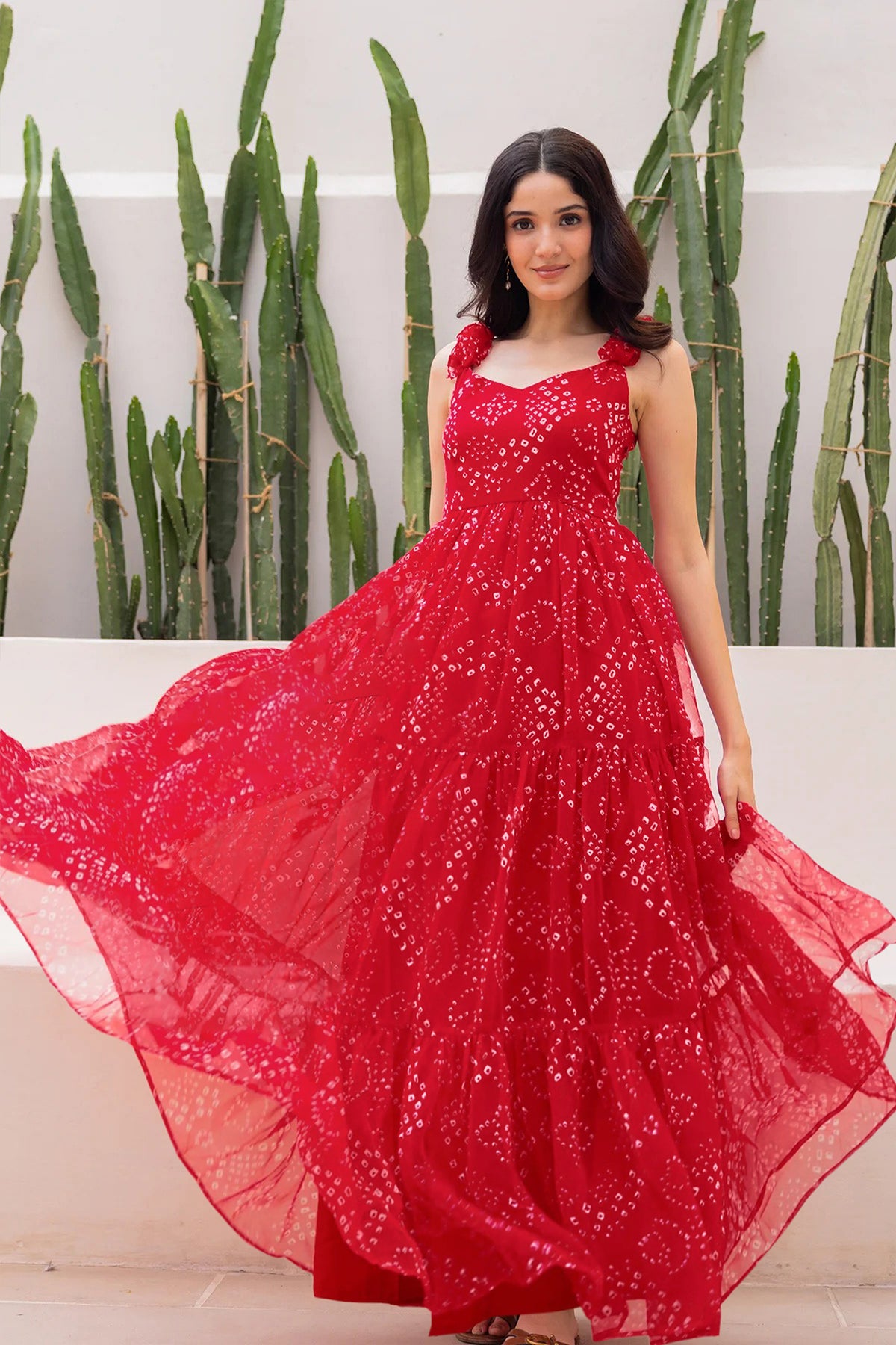 Red Georgette Flared Spaghetti Strap Maxi Dress - red georgette saree