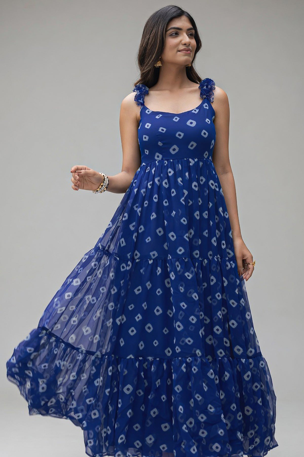 Blue Georgette Bandhej Printed Maxi Dress - blue georgette saree bandhej