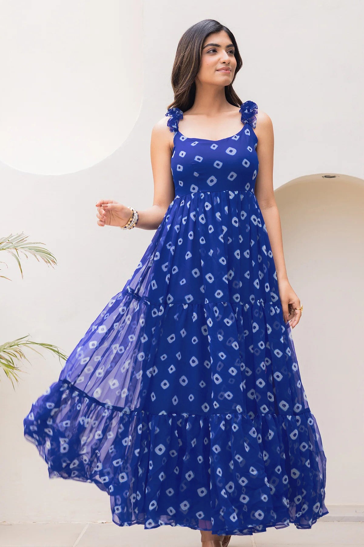 Blue Georgette Bandhej Printed Maxi Dress - blue georgette saree bandhej