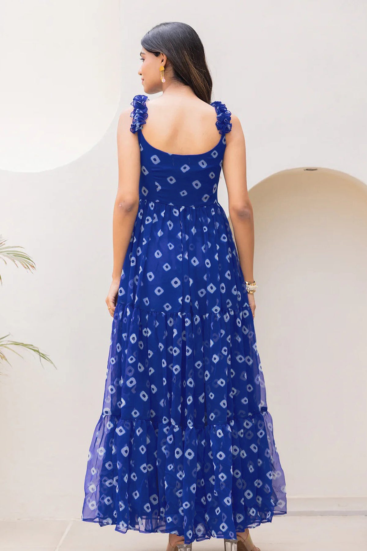 Blue Georgette Bandhej Printed Maxi Dress - blue georgette saree bandhej