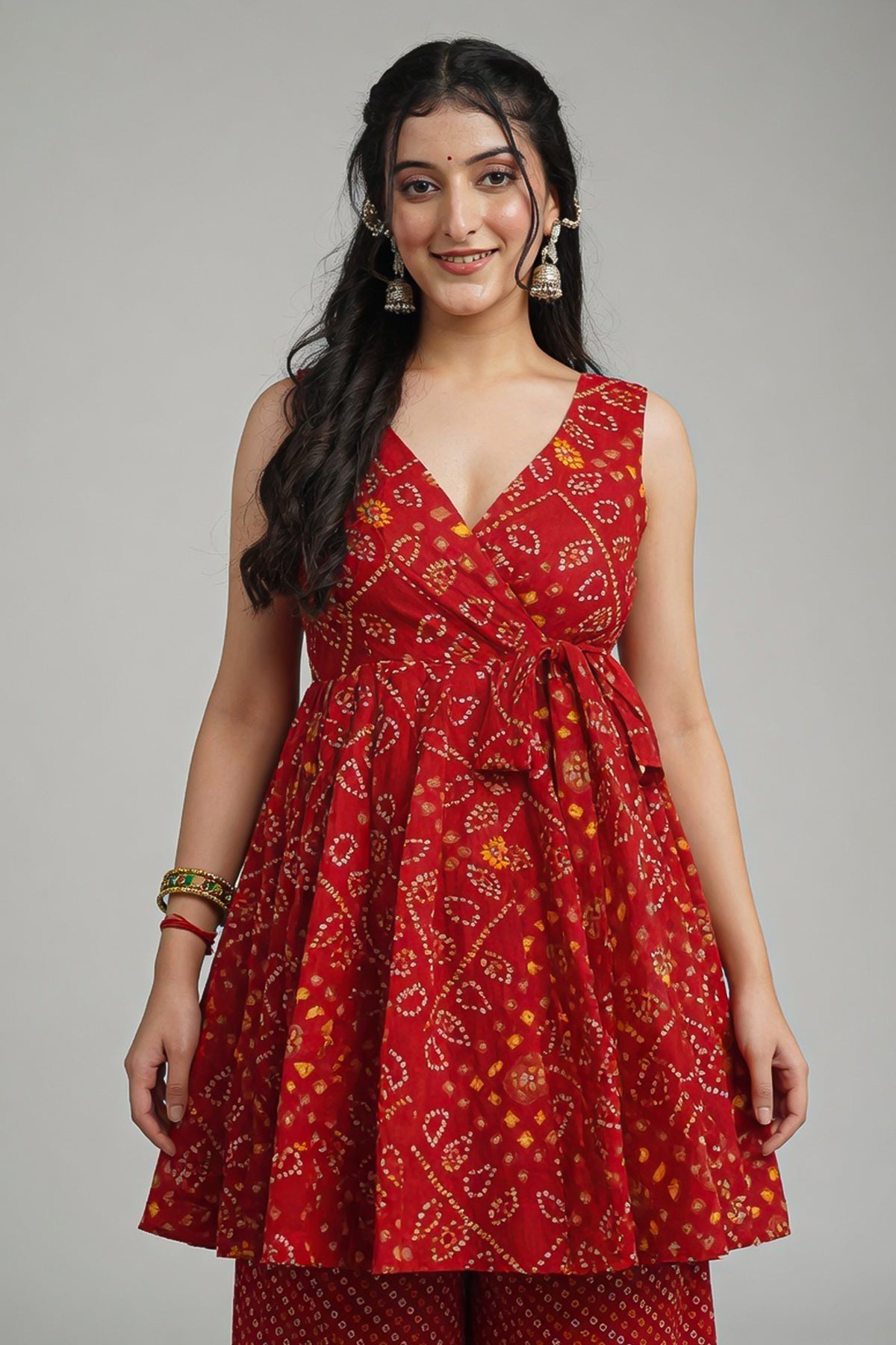 Red Rayon Printed Anarkali Kurti with Palazzo - red rayon saree
