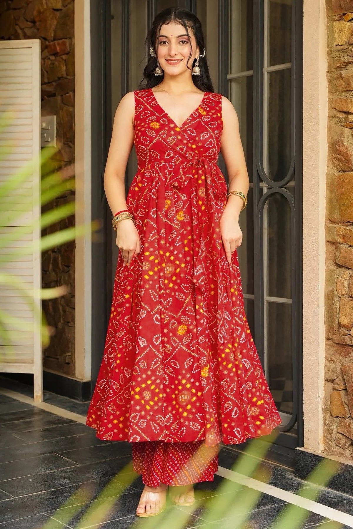 Red Rayon Printed Anarkali Kurti with Palazzo - red rayon saree