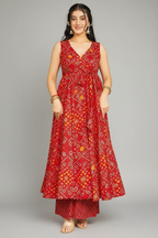 Red Rayon Printed Anarkali Kurti with Palazzo - red rayon saree