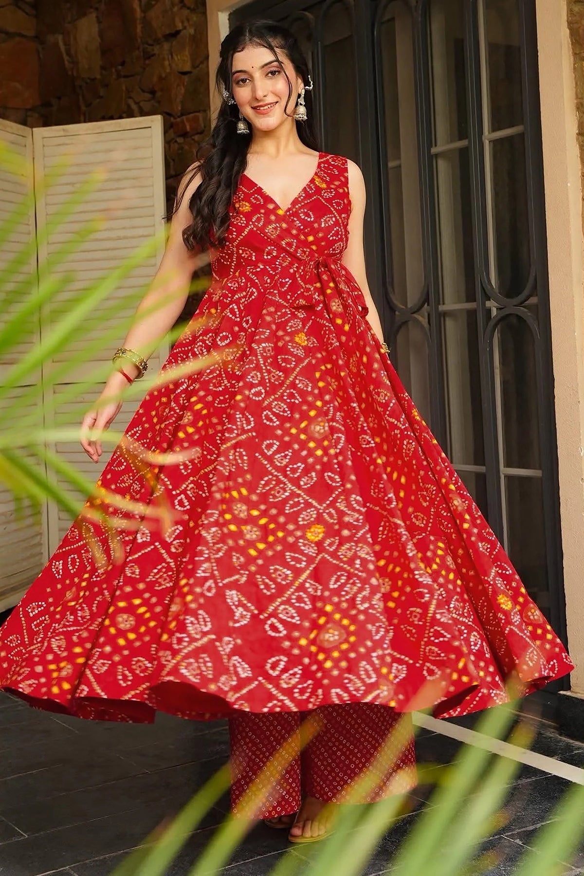 Red Rayon Printed Anarkali Kurti with Palazzo - red rayon saree
