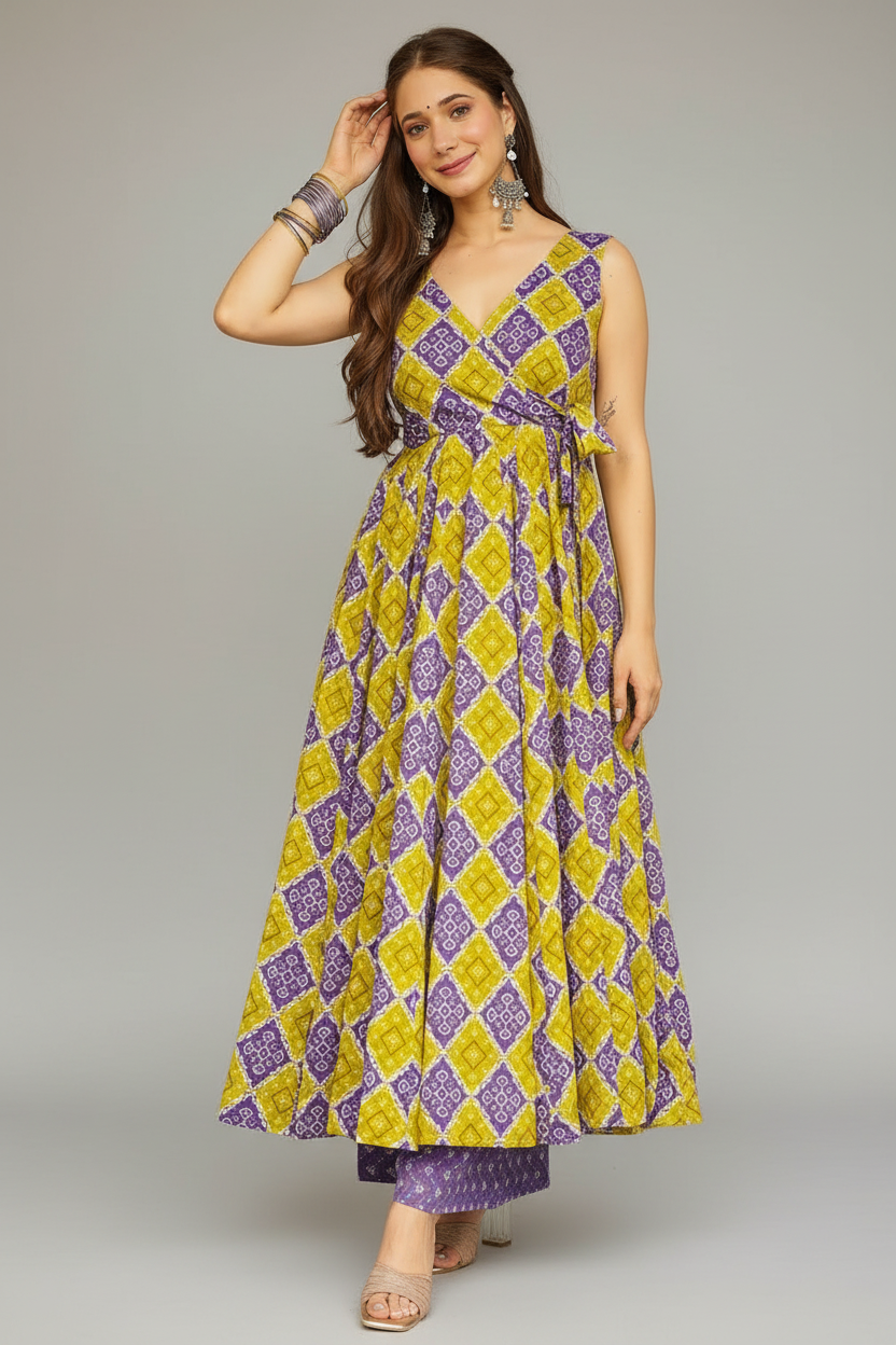 Purple and Yellow Rayon Printed Anarkali Kurti Palazzo Set - yellow rayon saree