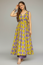 Purple and Yellow Rayon Printed Anarkali Kurti Palazzo Set - yellow rayon saree