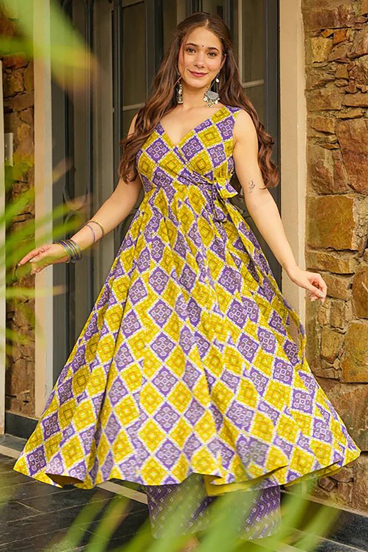 Purple and Yellow Rayon Printed Anarkali Kurti Palazzo Set - yellow rayon saree