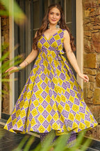 Purple and Yellow Rayon Printed Anarkali Kurti Palazzo Set - yellow rayon saree