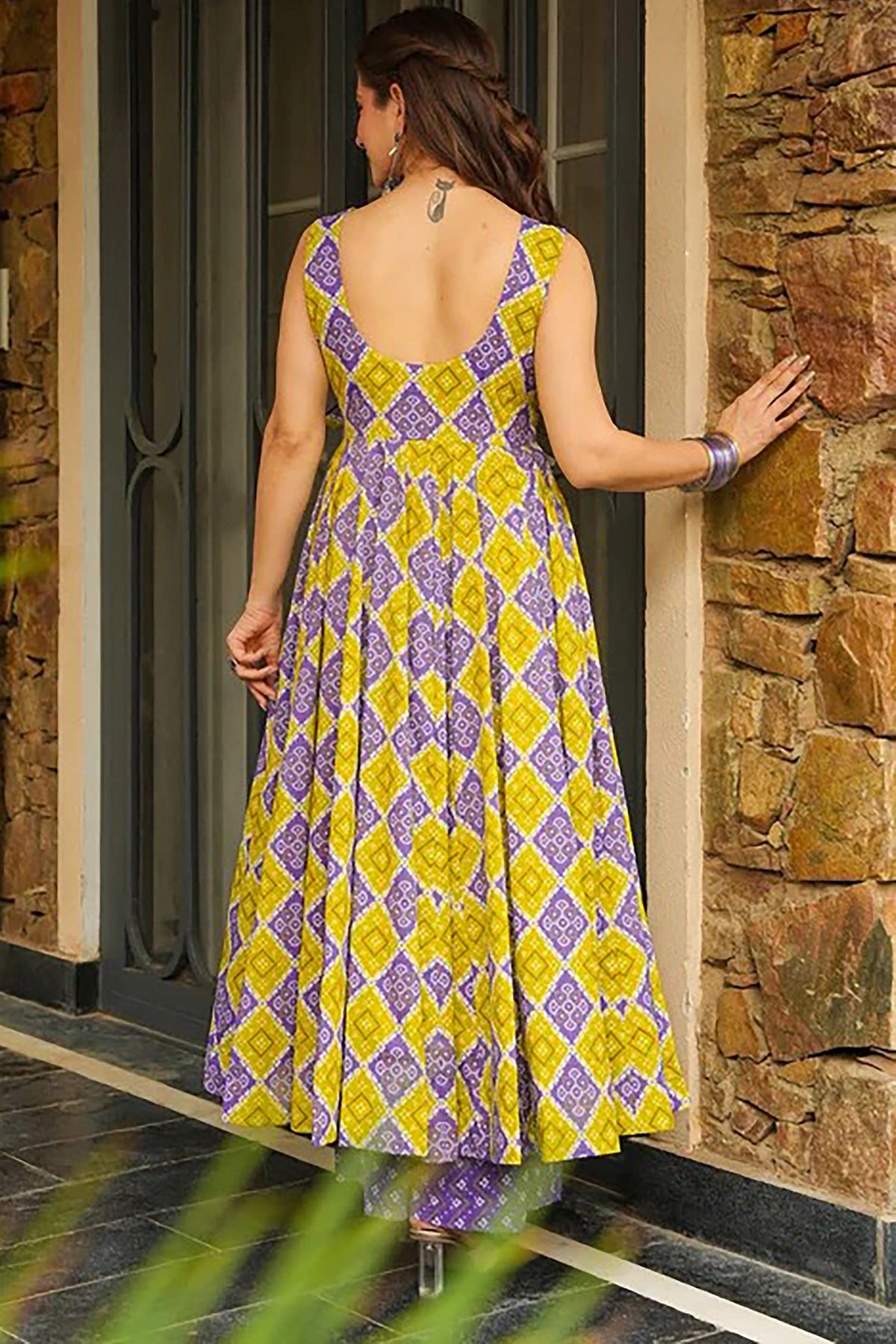 Purple and Yellow Rayon Printed Anarkali Kurti Palazzo Set - yellow rayon saree
