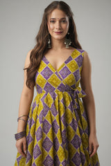 Purple and Yellow Rayon Printed Anarkali Kurti Palazzo Set - yellow rayon saree
