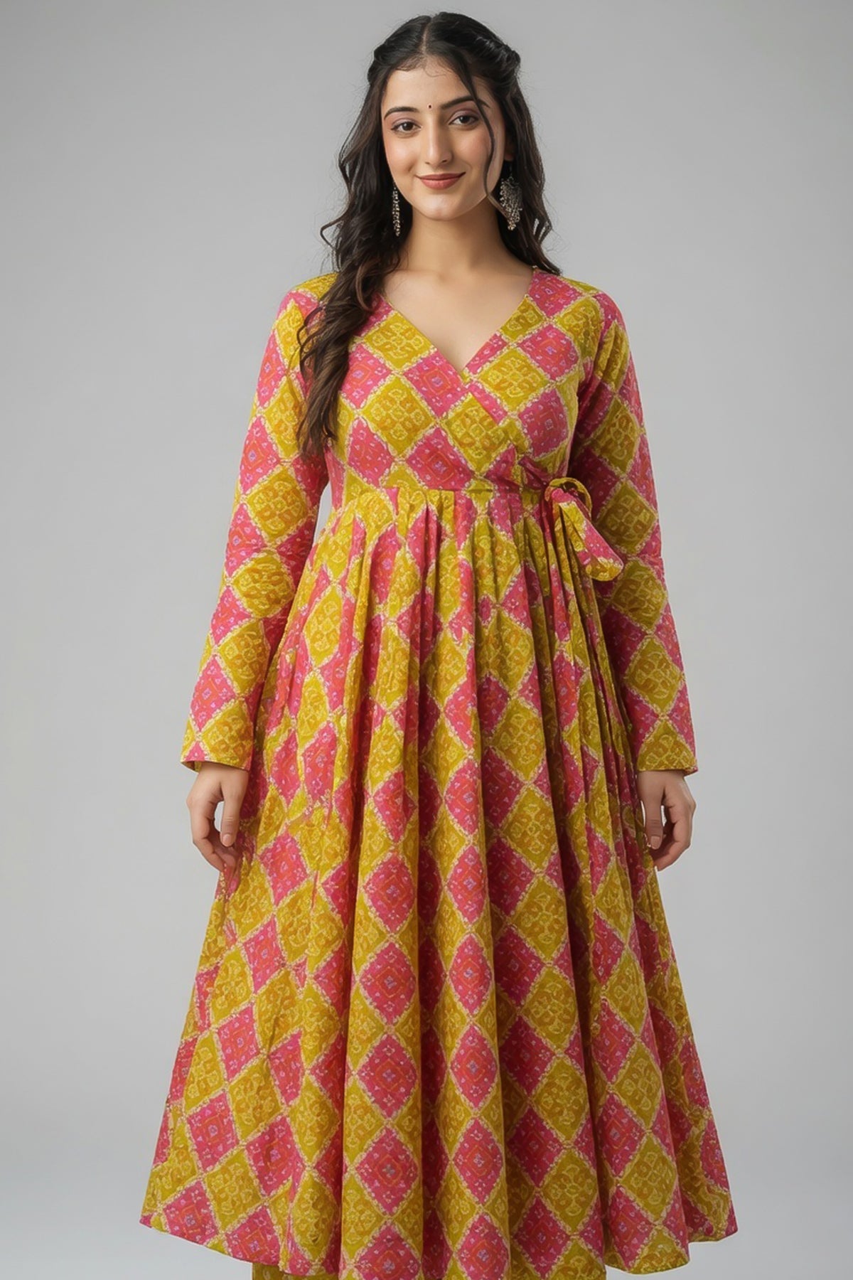 Pink and Yellow Rayon Printed Kurti Set - yellow rayon saree